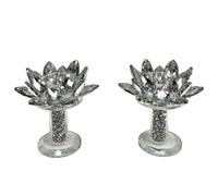 Silver Petals - Crushed Crystal Diamond Candle Holder Set Lotus Crystal Filled Sparkle Bling