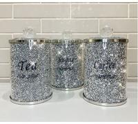 SILVER PETALS XL Crushed Diamond Filled Crystal Tea Coffee Sugar Storage Jars - Silver - 18cm