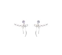 Silver Plated Alloy Mismatched Bow Drop Stud Earrings, Twisted Wire Ribbon Design with Tiny Clear Zircon, Irregular Hollow Bow Dangle Earrings for Women Jewelry Gift