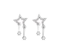 Silver Plated Alloy Star Drop Stud Earrings, Hollow Star Frame Full Paved Crystals with Dual Crystal Dangles, Trendy Celestial Dangling Jewelry for Women Jewelry Gift