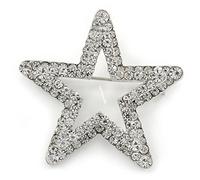 Silver Plated Clear Austrian Crystal Open Layered Star Brooch - 40mm Across