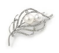 Silver Plated Clear Crystal Pearl Leaf Brooch - 75mm L