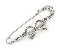 Silver Plated Clear Crystal Safety Pin Brooch With Bow Motif - 65mm L