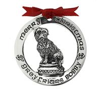 Silver Plated Greyfriars Bobby Christmas Tree Ornament - “Merry Christmas Greyfriars Bobby” Design with Red Ribbon | 60mm Silver Scottish Heritage Holiday Decoration & Gift Keepsake