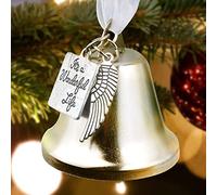 Silver Plated It's A Wonderful Life Christmas Bell Ornaments for Xmas Tree Wedding Anniversary Decoration Pendants with Angel Wings Charms (7X7CM)