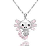 Silver Plated Kawaii Cartoon Axolotl Pendant Necklace with Heart Crystal - Adjustable Fine Link Chain, Playful Cute Jewellery Gift for Women Girls Teens, Everyday Wear, Round Face Creature Design,