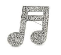Silver Plated Pave Set Clear Crystal Musical Note Brooch - 35mm