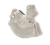 Silver Plated Rocking Horse Money Box - Bambino Christening Gift Piggy Bank - Baby Shower Keepsake Gift Kids Savings - Football Present Girls Boys First Birthday Baptism