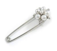 Silver Plated Safety Pin with Faux Pearl, Crystal Flower - 50mm