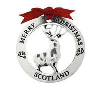 Silver Plated Scotland Stag Christmas Tree Ornament - “Merry Christmas Scotland” Design with Red Ribbon | 60mm Silver Highland Deer Holiday Decoration & Scottish Heritage Gift Keepsake