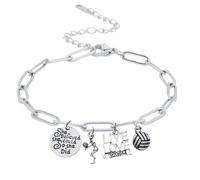 Silver Plated Stainless Steel Link Bracelet - Volleyball Charms, She Believed She Could So She Did Engraved Pendant, Adjustable Sports Jewelry Gift for Women, One size, Stainless Steel, no gemstone