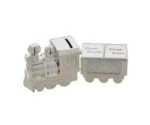 Silver Plated Train Money Box First Tooth & Curl Carriages - Christening Gift Steam Train Piggy Bank - Bambino Baby Keepsake Gift Set - Baby Shower Present Boys Girls
