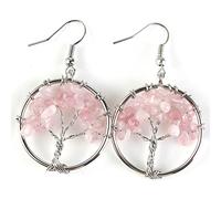 Silver Plated Wire Wrap Tree of Life Many Quartz Stone Round Hanging Earrings Jewelry,Rose Pink Quartz