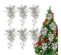 Silver Poinsettia Christmas Tree Flowers, Silver Glitter Artificial Pointsettia Flower with Clips for Christmas Tree Ornaments Xmas Decorations Wedding New Year Xmas Garland Wreath Decoration