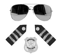 SILVER POLICE SET GLASSES, BADGE, EPAULETTES
