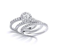 Silver Princess CZ Halo Cluster Trilogy Wedfit Bridal Rings Set - GVR847 Jewelco London White O