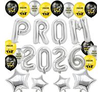 Silver Prom Decorations 2026-27 Pcs Prom Balloons Set, "PROM 2026" and Star Foil Balloon Banner, Letter Printed Latex Balloons, Graduation Celebration Night Party Decor Photo Supply