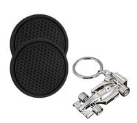 Silver Racing Car Keyring,2PCS Black Car Cup Coasters,Metal Car Keyring Accessories for your Key or Display,Universal Silicone Cars Coasters for Cups Holders
