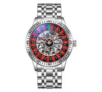 (silver,red) Dulunwe Swinging Rotary Dial Design Hollow Skeleton Watches Business Trendy Men Wristwatch Roulette Wheel Automatic Mechanical Watch