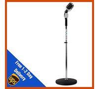 Silver Retro Round Base Mic Stand with 50s Style Dynamic Microphone Musician Gig
