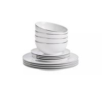 Silver Rim 12 Piece Porcelain Dinner Set - White Elegant Tableware Set, 4 Dinner Plates, 4 Side Plates & 4 Bowls, Modern Dining Set for 4 People Home Kitchen Decor