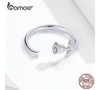 (silver, ring) Bamoer Engraved Pattern Ring Real 925 Sterling Silver The Rose Adjustable Size Rings For Women