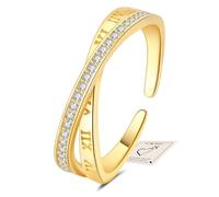 Silver Ring for Women, Adjustable Open Band Ring Cubic Zirconia Roman Numeral Rings for Thumb Chic Twisted Rings Eternity for Wedding Promise Anniversary Birthday with Gift Box & Card, Gold