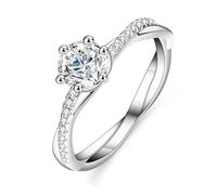 Silver Rings Boho, Wedding Engagement Ring 6 Prongs Round with 0.5ct Moissanite 18K White Gold Size H 1/2
