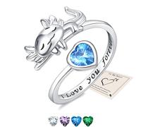 Silver Rings for Women, Axolotl Gift Love Heart Thumb Rings I Love You Forever for Daughter Sister Friend Engraved Words Open Ring Adjustable with Cubic Zirconia, Gift Card & Box, Blue Stone