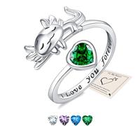 Silver Rings for Women, Axolotl Gift Love Heart Thumb Rings I Love You Forever for Daughter Sister Friend Engraved Words Open Ring Adjustable with Cubic Zirconia, Gift Card & Box, Green Stone