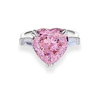 Silver Rings for Women Cute, Wedding Anniversary Band with 12mm Heart Lab Created Pink Sapphire and Moissanite 18K White Gold Size V 1/2