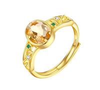 Silver Rings For Women natural Oval Cut Gemstone Solitaire Rings 14K Gold Plated Adjustable Eternity Statement Anniversary Engagement Promise Wedding Band For Her Gift Citrine Gold Plated