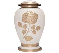 Silver Rose Cremation Urn - Funeral Urn with Large Flower on Enamel - Burial Urn for Human Ashes Adult Size - 100% Brass (White-Gold)