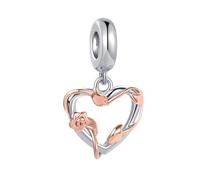 Silver Rose Gold Two Tone Rose Flower Love Heart Dangle Charm Compatible with Pandora Charms Bracelets