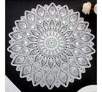 Silver Round Placemats, Hollow Out Washable and Wipeable Place Mats, Pressed Vinyl Table Mats Set of 4 for Anniversary Dinner Kitchen Decorations