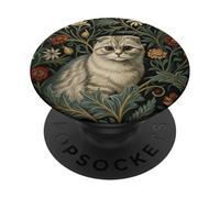 Silver Scottish Fold Cat Vintage Floral PopSockets Adhesive PopGrip