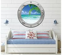 Silver Sea Beach Paradise Porthole Port Hole Self Adhesive Graphic Wall Decal Sticker 3D Magic Window Wall Art 600mm x 600mm