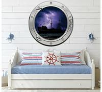 Silver Sea Ghost Pirate Ship Silver Porthole Port Hole Self Adhesive Graphic Wall Decal Sticker 3D Magic Window Wall Art 600mm x 600mm