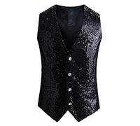 Silver Sequin Waistcoat Men | Casual Bright V-Neck Lightweight Gilet, Single Breasted Button Formal Vest, Packable Quilted Hip Hop Vests