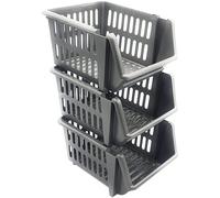 Silver Set of 3 Plastic Stacking Storage Basket Stackable Rack 18cm