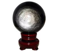 Silver Sheen Black Obsidian/Volcanic Glass Sphere with Stand Natural Sparkling Gemstone Mineral Décor Ball for Crystal Healing, Divination, Witchcraft,5cm(6cm)