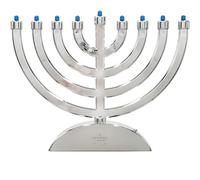 Silver Shiny Mini Electric Classic Menorah, Classic Hanukkah Menorah, 7.3" Inch LED Travel Menora, Batteries or USB Powered, Micro USB 4' Ft. Cable Included