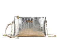 Silver Shoulder Bag with Gold Chain, Crocodile Look, Safety Clasp, 22 cm, metallic silver, 22 centímetros de largo