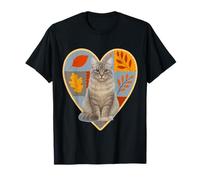 Silver Siberian Forest Cat Autumn Fall Patchwork Leaves Hear T-Shirt