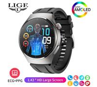 (silver, Silicone strap) LIGE New Men Smart Watch ECG+PPG Temperature Detection Heart Rate Health Tracking Smart Bracelet AMOLED 1.43” Full Touch Bluetooth Smart Watch