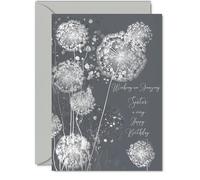 Silver Sister Birthday Card, Shimmering Dandelions