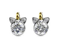 Silver Small Unicorn Stud Swarovski Crystal Earrings with Gold Horn - Rhodium and 18ct Gold Plated for Girl's Gift