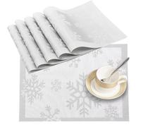 (Silver Snowflake, 6PCS) Time to Sparkle PVC Placemats + 6pcs Coasters Place Cup Coffee Mats Kitchen Non slip Wipe Clean Table Mats Heat-resistant Dinning