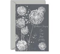 Silver Son Birthday Card - Shimmering Dandelions - Happy Birthday Card for Son from Dad Mum, A5 Silver Elegant and Modern Bday Greeting Cards