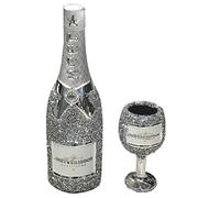 Silver Sparkle Ornament Bling Crushed Diamond Gift | CRYSTALLIZED Wine Bottle with Glass goblet gift for him/her |Handmade Craft | Crushed Diamond Display | Gift/Present for all Occasion (Glass pack2)